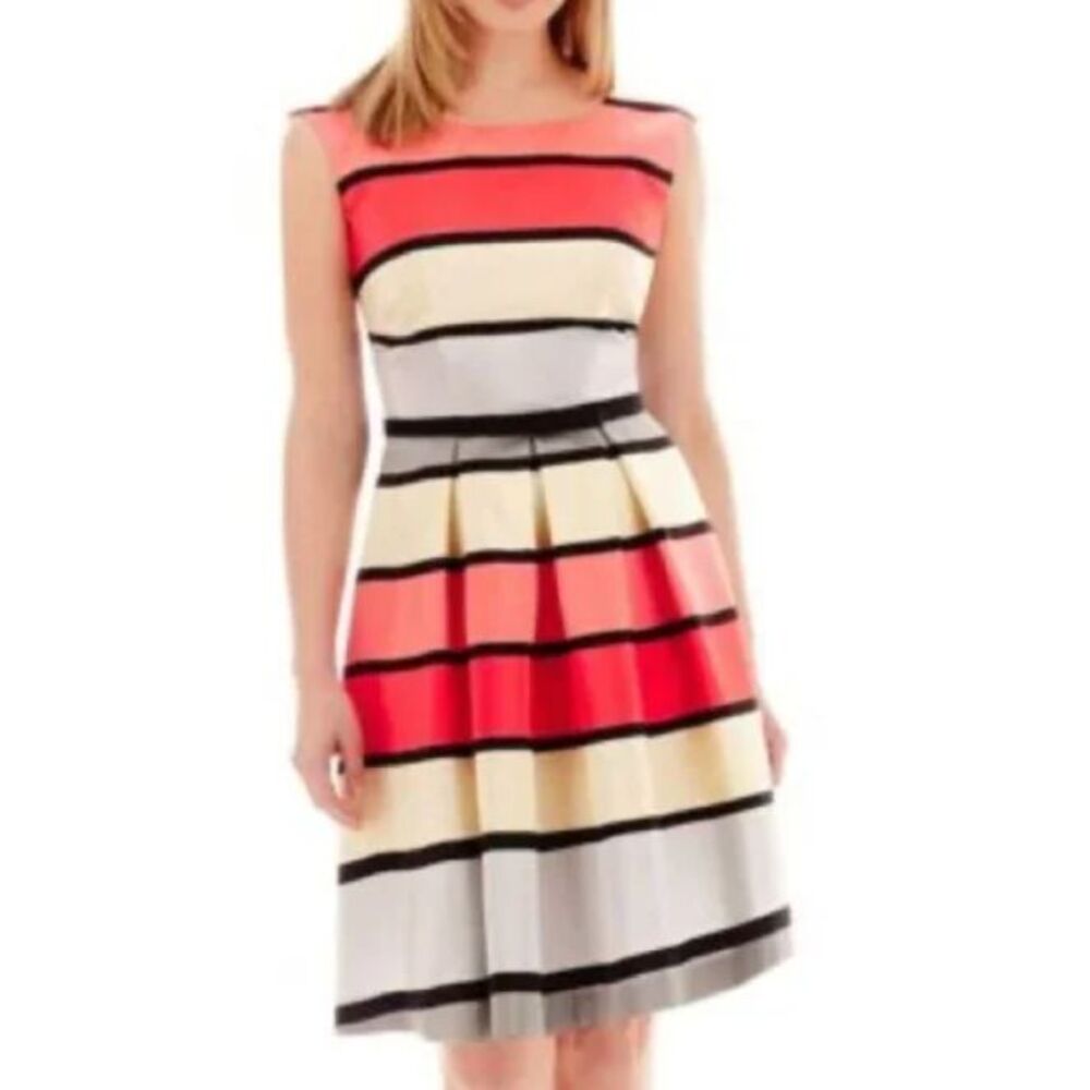 Danny & Nicole Red, Cream & Black Striped‎ Sleeveless Belted Midi Dress Sz 10